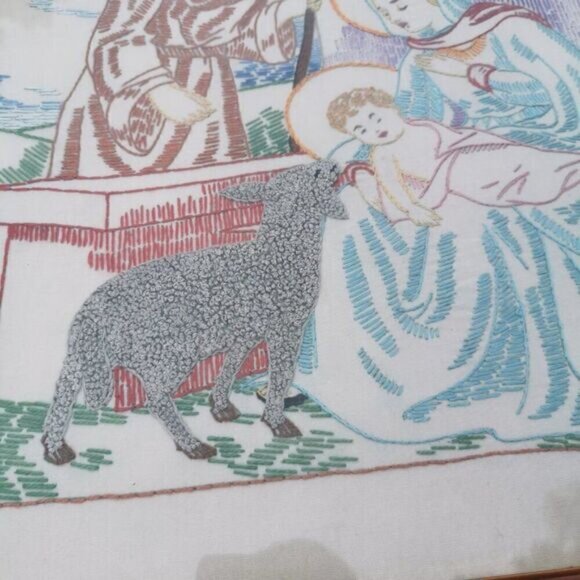 Framed Holy Family Nativity Needlepoint Vintage, Christmas Angels Embroidery - Picture 9 of 10